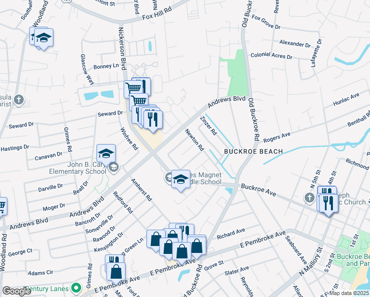 map of restaurants, bars, coffee shops, grocery stores, and more near 2209 McSweeney Circle in Hampton
