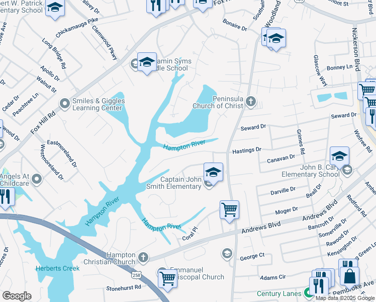 map of restaurants, bars, coffee shops, grocery stores, and more near 325 Woodside Drive in Hampton
