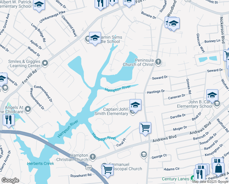 map of restaurants, bars, coffee shops, grocery stores, and more near 415 Elizabeth Lake Drive in Hampton