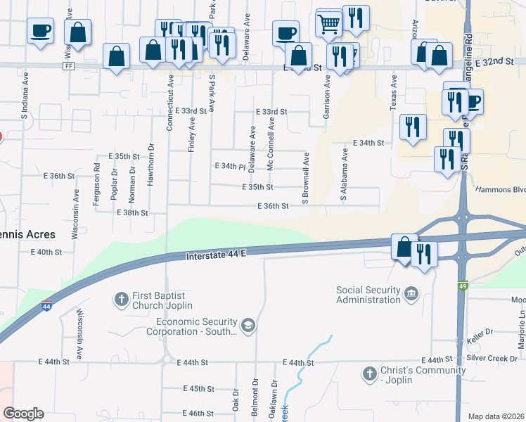 map of restaurants, bars, coffee shops, grocery stores, and more near 2025 East 36th Street in Joplin