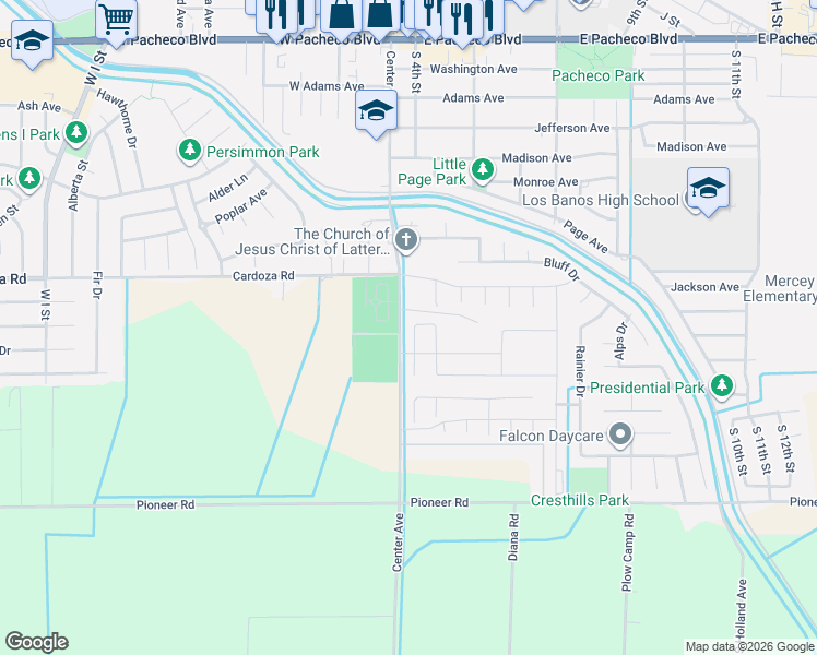 map of restaurants, bars, coffee shops, grocery stores, and more near 1858 Center Avenue in Los Banos