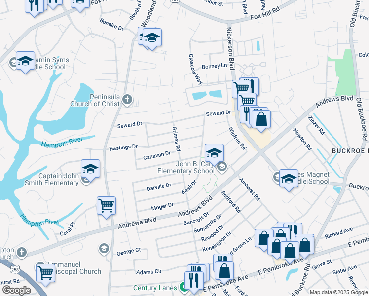 map of restaurants, bars, coffee shops, grocery stores, and more near 1901 Tyndall Circle in Hampton