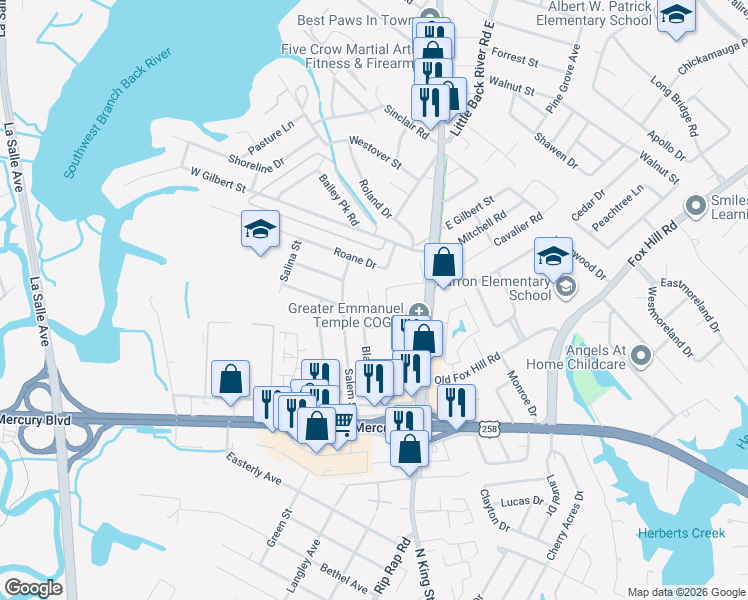 map of restaurants, bars, coffee shops, grocery stores, and more near 113 Roane Drive in Hampton