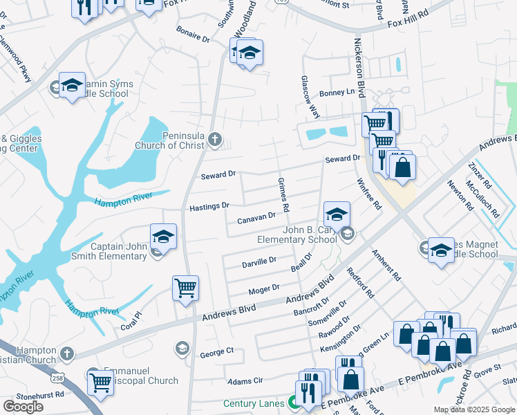 map of restaurants, bars, coffee shops, grocery stores, and more near 1508 Hastings Drive in Hampton