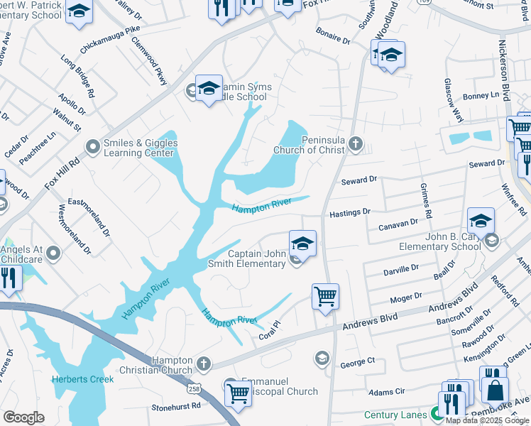map of restaurants, bars, coffee shops, grocery stores, and more near 325 Woodside Drive in Hampton