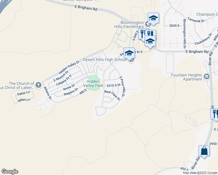 map of restaurants, bars, coffee shops, grocery stores, and more near 3481 Desert Hills Drive East in St. George
