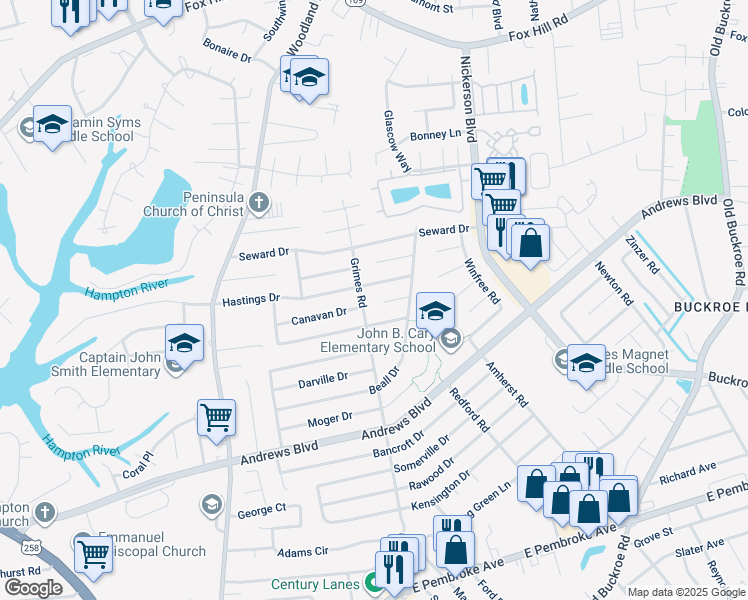 map of restaurants, bars, coffee shops, grocery stores, and more near 1901 Tyndall Circle in Hampton