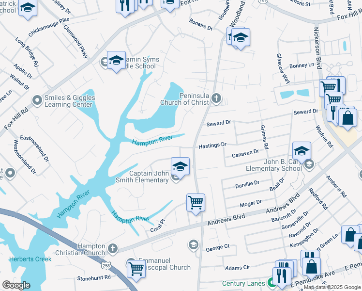 map of restaurants, bars, coffee shops, grocery stores, and more near 343 Woodside Drive in Hampton