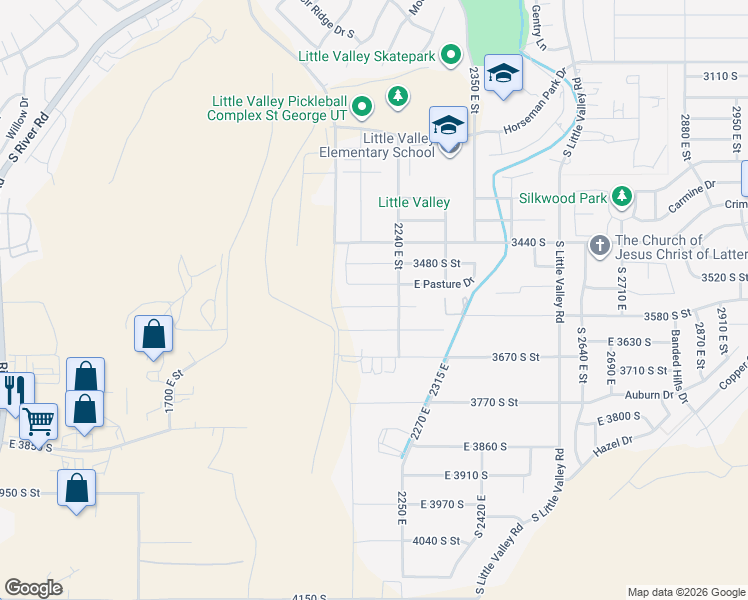 map of restaurants, bars, coffee shops, grocery stores, and more near 2181 Tawny Ridge Drive in St. George