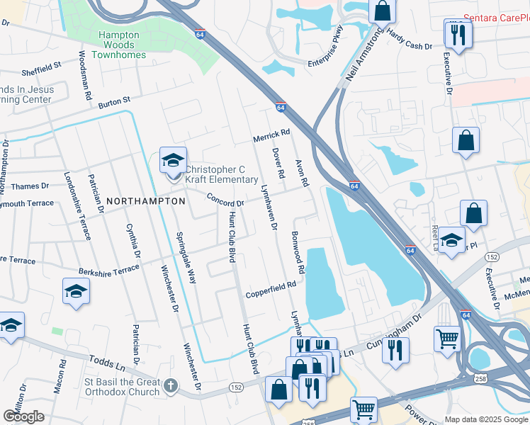 map of restaurants, bars, coffee shops, grocery stores, and more near 139 Lynnhaven Drive in Hampton