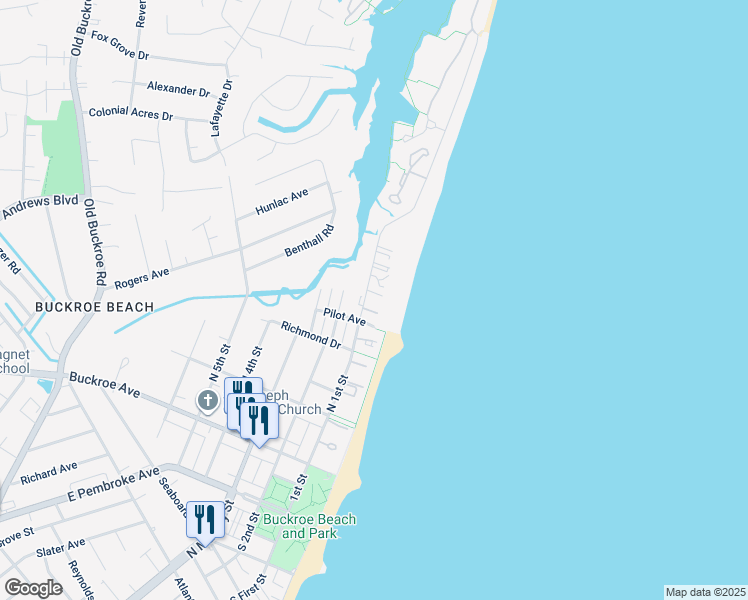 map of restaurants, bars, coffee shops, grocery stores, and more near 414 North 1st Street in Hampton