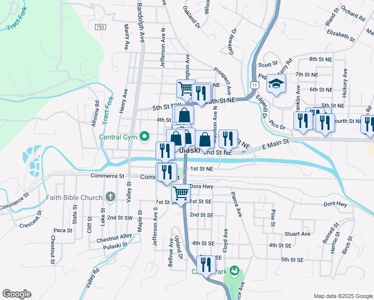 map of restaurants, bars, coffee shops, grocery stores, and more near in Pulaski