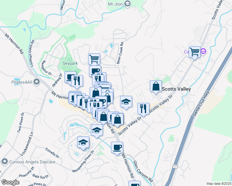 map of restaurants, bars, coffee shops, grocery stores, and more near 211 Bean Creek Road in Scotts Valley