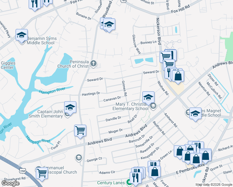 map of restaurants, bars, coffee shops, grocery stores, and more near 1515 Hastings Drive in Hampton