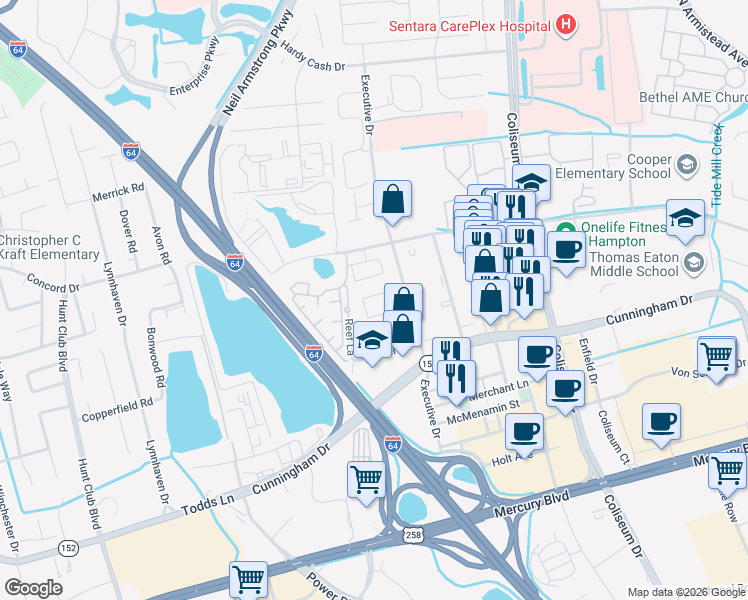 map of restaurants, bars, coffee shops, grocery stores, and more near 500 Benevita Place in Hampton