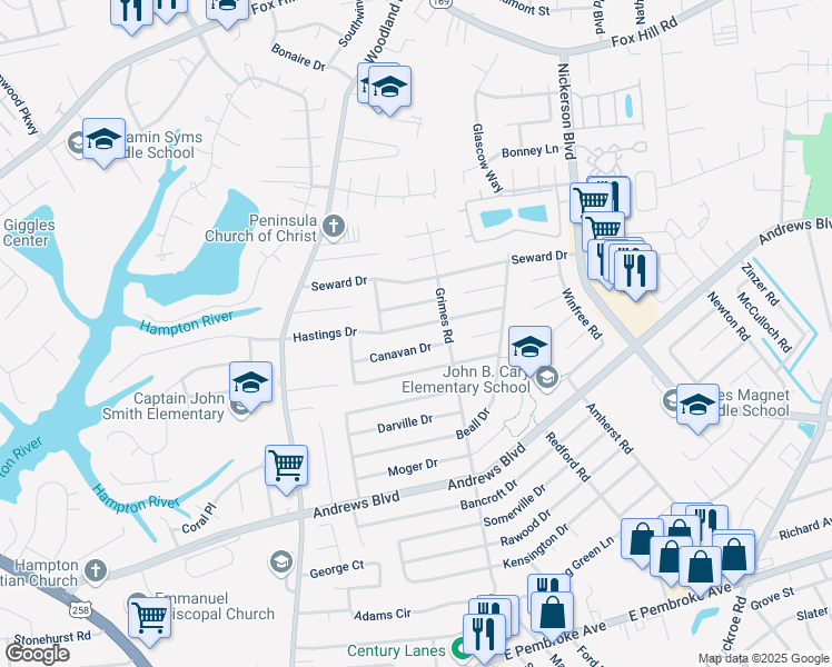 map of restaurants, bars, coffee shops, grocery stores, and more near 1512 Hastings Drive in Hampton