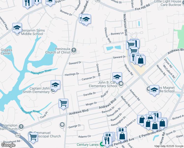 map of restaurants, bars, coffee shops, grocery stores, and more near 1515 Hastings Drive in Hampton