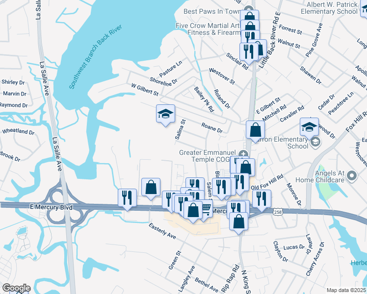 map of restaurants, bars, coffee shops, grocery stores, and more near 212 Courtney Drive in Hampton