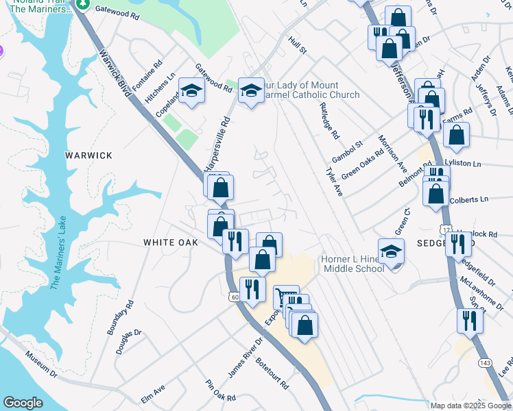 map of restaurants, bars, coffee shops, grocery stores, and more near 19 Colonial Place in Newport News