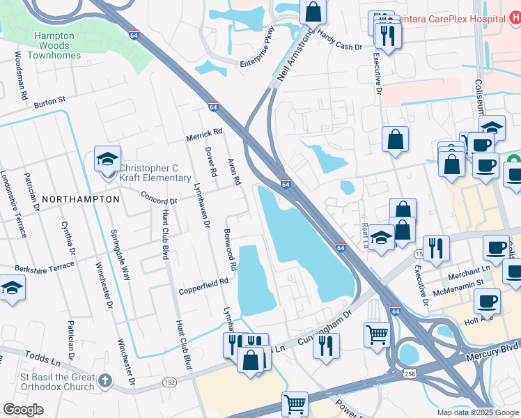 map of restaurants, bars, coffee shops, grocery stores, and more near 31 Reflection Lane in Hampton