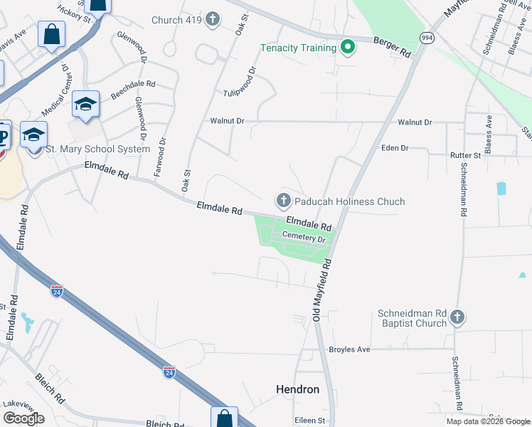 map of restaurants, bars, coffee shops, grocery stores, and more near 315 Keeling Drive in Paducah