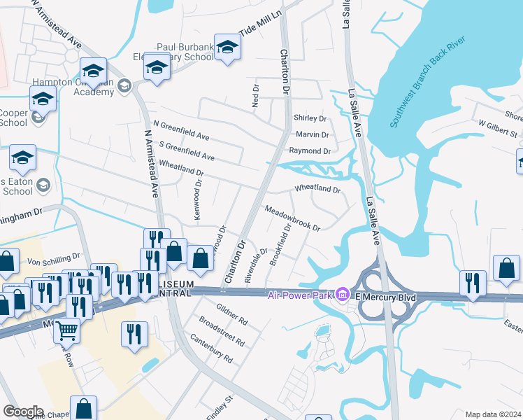 map of restaurants, bars, coffee shops, grocery stores, and more near 37 Meadowbrook Drive in Hampton