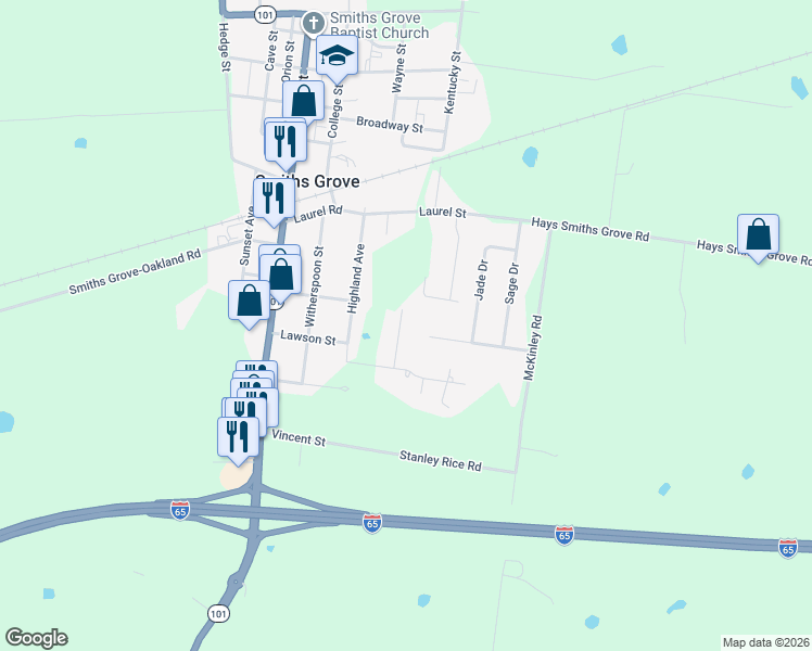 map of restaurants, bars, coffee shops, grocery stores, and more near 298 Ridgecrest Street in Smiths Grove