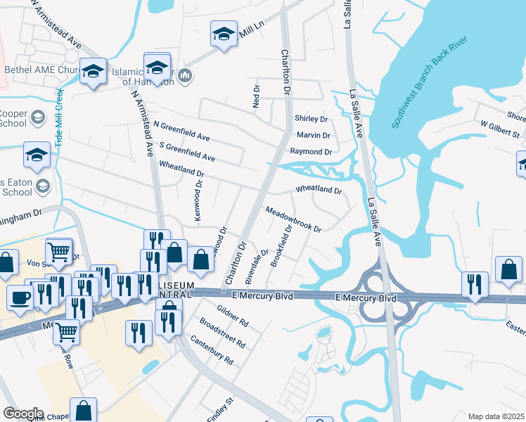map of restaurants, bars, coffee shops, grocery stores, and more near 37 Meadowbrook Drive in Hampton