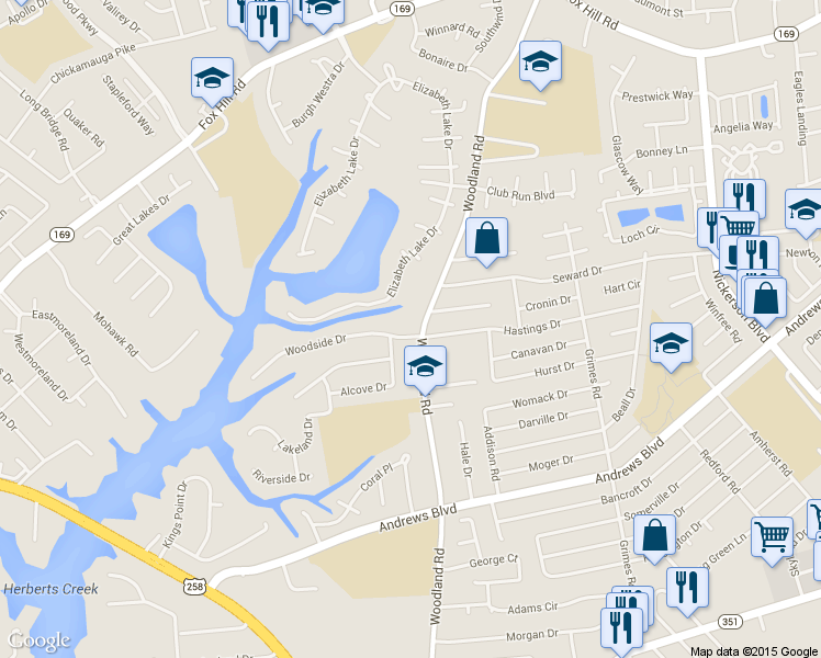 map of restaurants, bars, coffee shops, grocery stores, and more near 343 Woodside Drive in Hampton