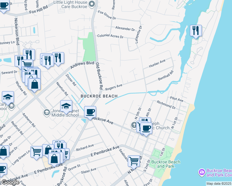 map of restaurants, bars, coffee shops, grocery stores, and more near 539 Rogers Avenue in Hampton