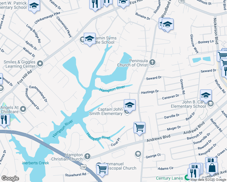 map of restaurants, bars, coffee shops, grocery stores, and more near 415 Elizabeth Lake Drive in Hampton