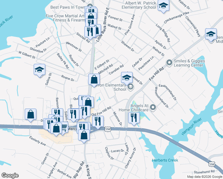 map of restaurants, bars, coffee shops, grocery stores, and more near 1 Delmar Street in Hampton