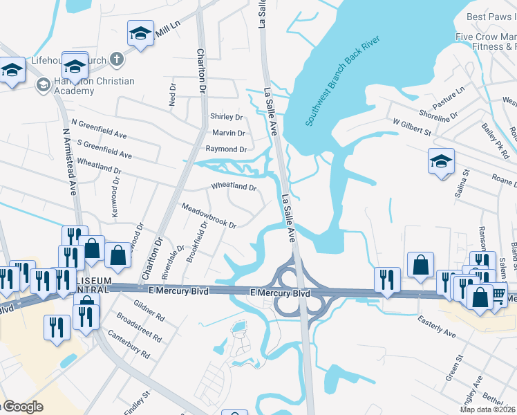 map of restaurants, bars, coffee shops, grocery stores, and more near 5 Wheatland Drive in Hampton