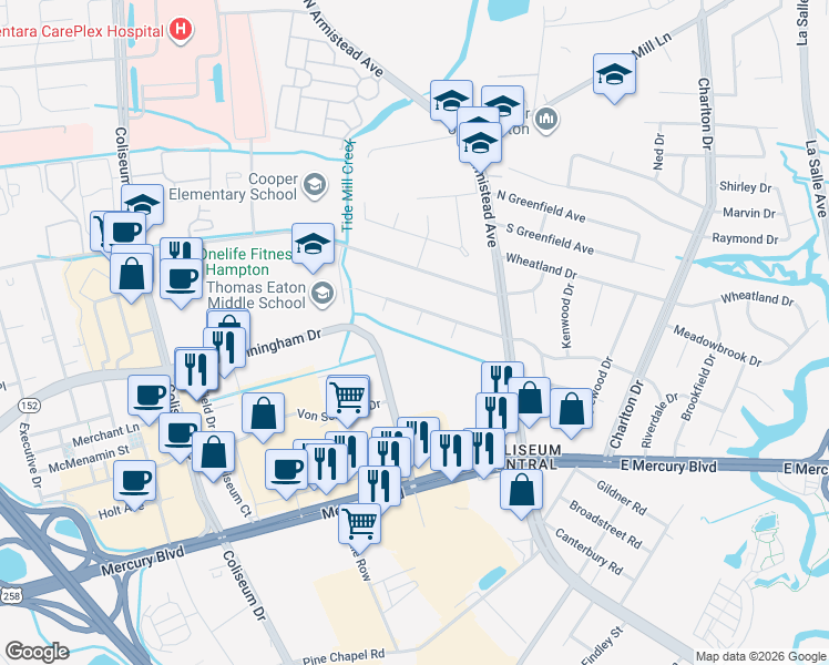 map of restaurants, bars, coffee shops, grocery stores, and more near 129 Westbrook Drive in Hampton