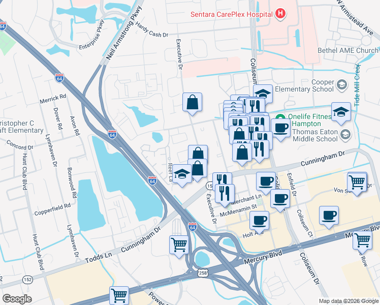 map of restaurants, bars, coffee shops, grocery stores, and more near 500 Benevita Place in Hampton
