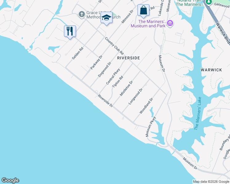 map of restaurants, bars, coffee shops, grocery stores, and more near 118 Tipton Road in Newport News