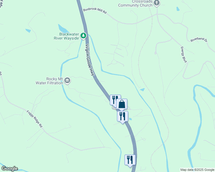 map of restaurants, bars, coffee shops, grocery stores, and more near 18360 Virgil H Goode Highway in Rocky Mount