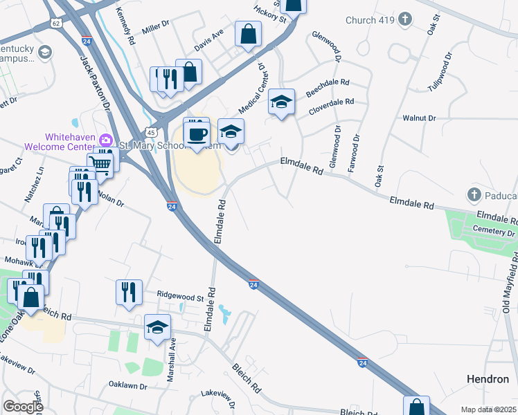 map of restaurants, bars, coffee shops, grocery stores, and more near 100 Television Lane in Paducah