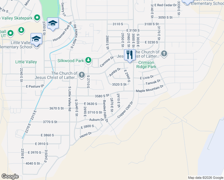 map of restaurants, bars, coffee shops, grocery stores, and more near 2885 East 3580 South in St. George
