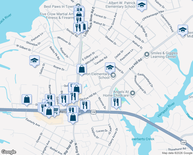 map of restaurants, bars, coffee shops, grocery stores, and more near 1 Delmar Street in Hampton