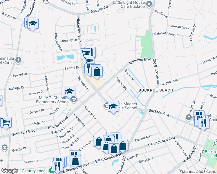 map of restaurants, bars, coffee shops, grocery stores, and more near 1931 Demetro Drive in Hampton