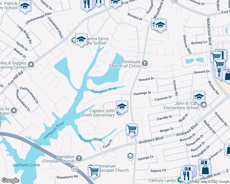 map of restaurants, bars, coffee shops, grocery stores, and more near 333 Woodside Drive in Hampton