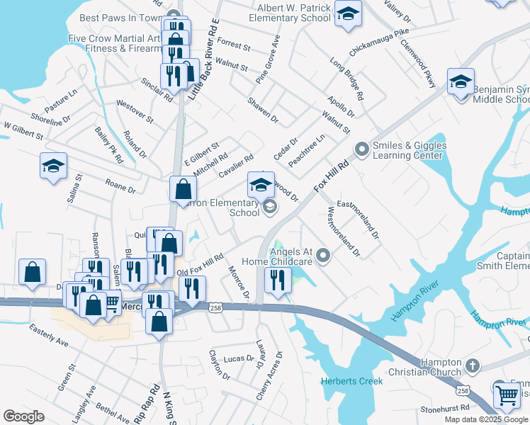 map of restaurants, bars, coffee shops, grocery stores, and more near 45 Fox Hill Road in Hampton