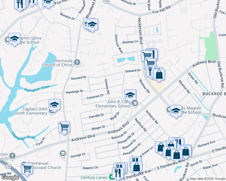 map of restaurants, bars, coffee shops, grocery stores, and more near 1903 Tyndall Circle in Hampton