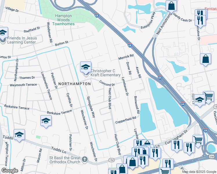 map of restaurants, bars, coffee shops, grocery stores, and more near 501 Concord Drive in Hampton