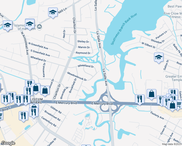 map of restaurants, bars, coffee shops, grocery stores, and more near 5 Wheatland Drive in Hampton