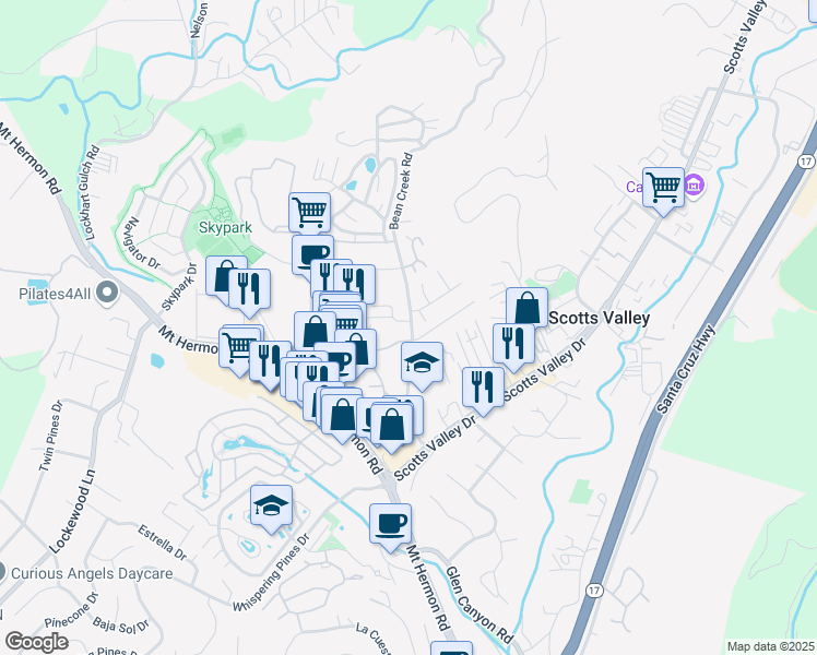 map of restaurants, bars, coffee shops, grocery stores, and more near 175 Bean Creek Road in Scotts Valley