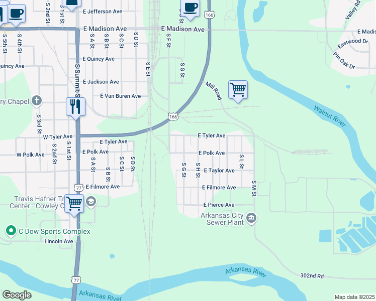 map of restaurants, bars, coffee shops, grocery stores, and more near 1211 South H Street in Arkansas City