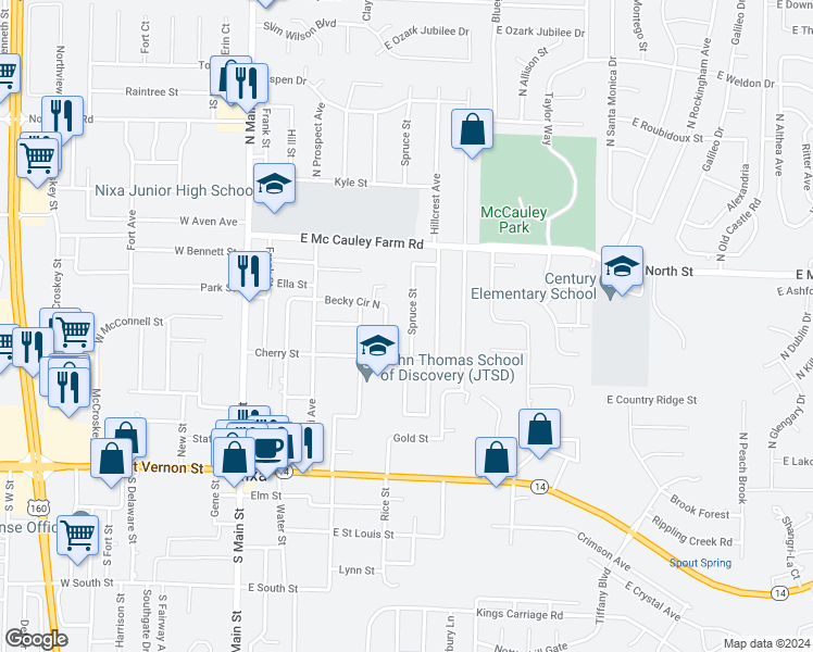 map of restaurants, bars, coffee shops, grocery stores, and more near 409 Spruce Street in Nixa