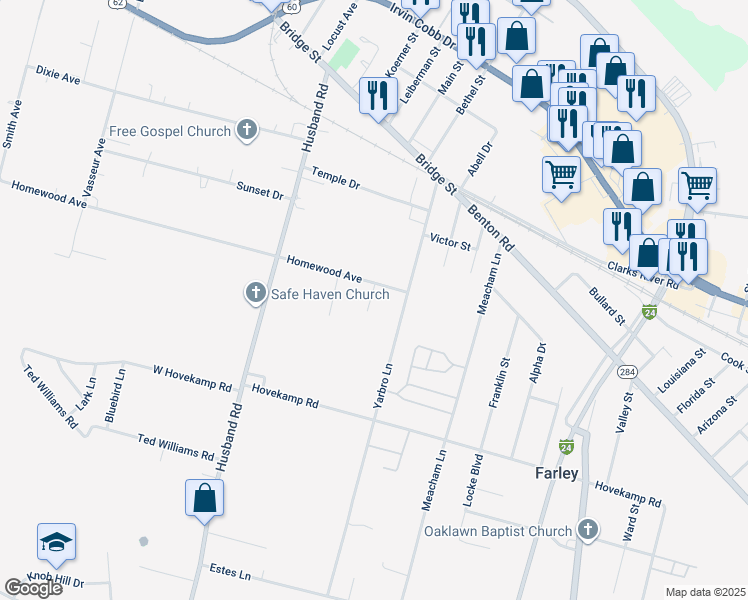 map of restaurants, bars, coffee shops, grocery stores, and more near 2599 Homewood Avenue in Paducah
